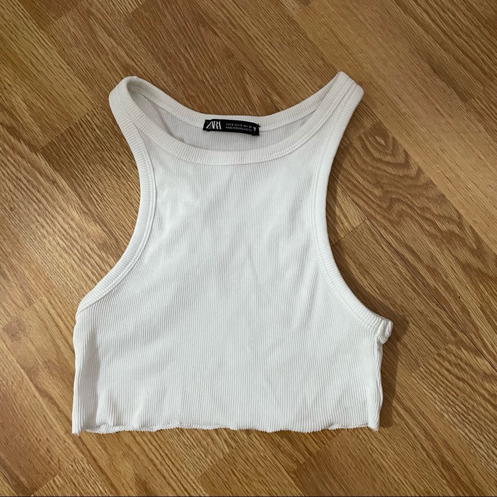 Zara white ribbed racer back crop tank top raw hem size small